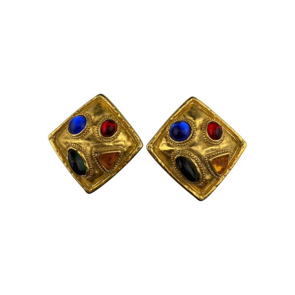 Vtg Unsigned Les Bernard Mogul Matte Hammered Multi Colored Clip On Earrings HTF